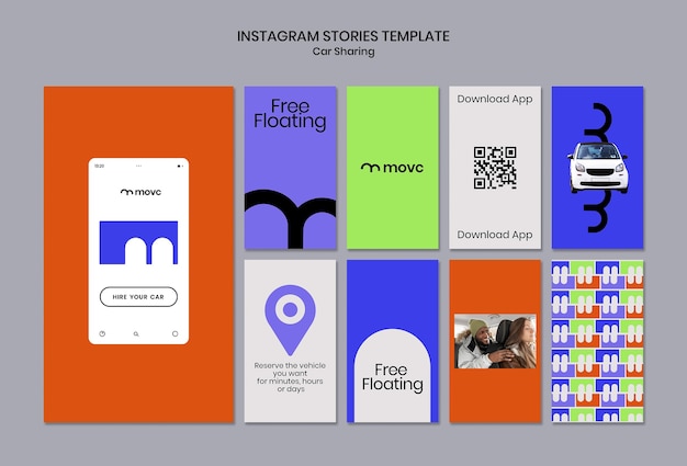 PSD grátis carro de design plano compartilhando histórias do instagram