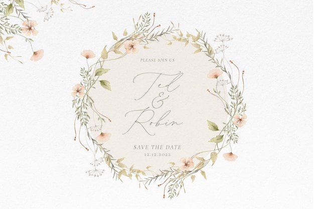 Cartão de convite de casamento em aquarela com flores delicadas