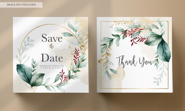 Cartão de convite de casamento em aquarela em folhas verdes elegantes