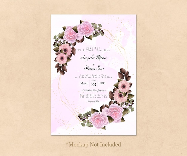 PSD grátis cartão de convite de casamento floral rosa lindo com moldura dourada
