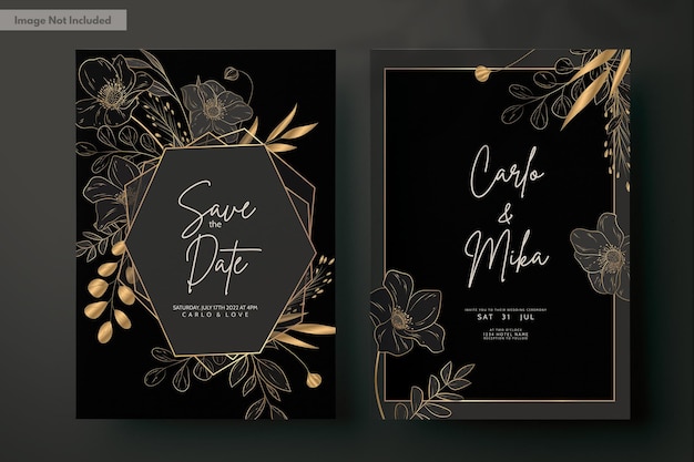 cartão de convite de casamento minimalista elegante com floral ouro de luxo