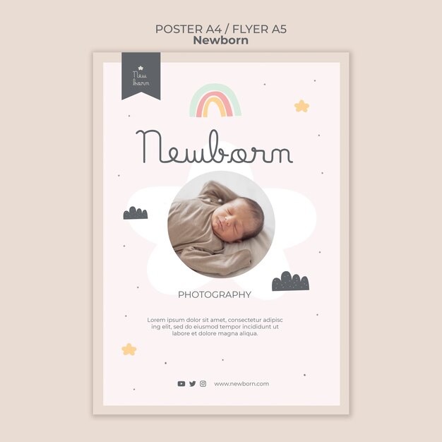 Cartaz de bebê recém-nascido e design de modelo de folheto