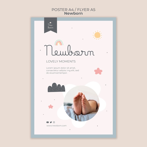 Cartaz de bebê recém-nascido e design de modelo de folheto