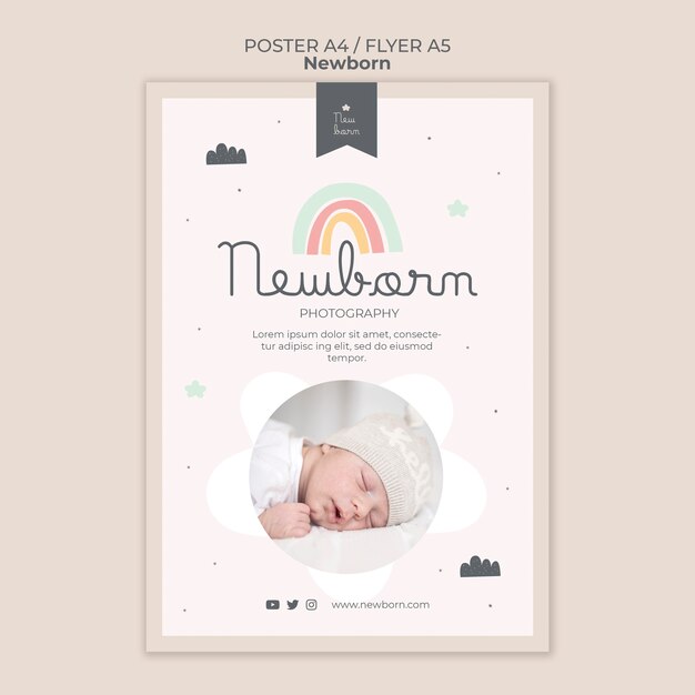 Cartaz de bebê recém-nascido e design de modelo de folheto
