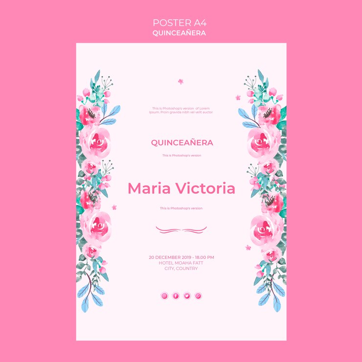 PSD grátis cartaz de celebração de quinceanera colorida
