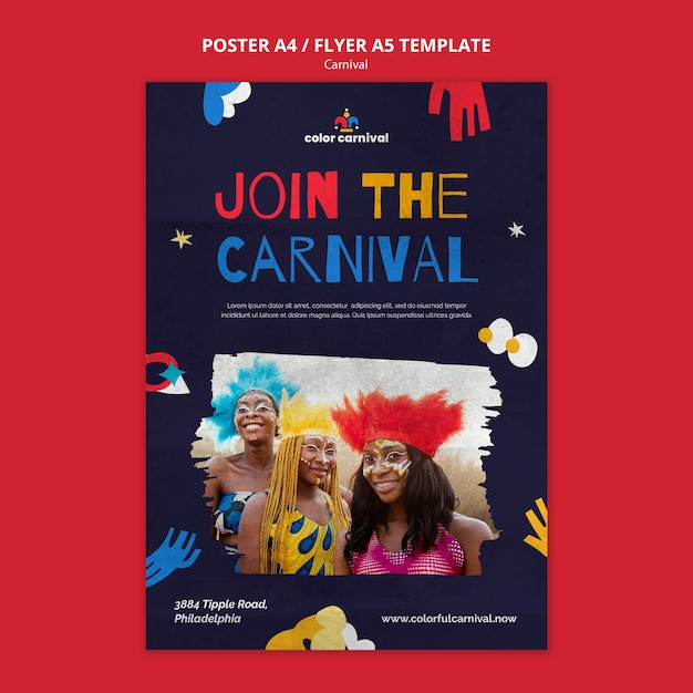 PSD grátis cartaz de design plano ou modelo de carnaval de panfleto