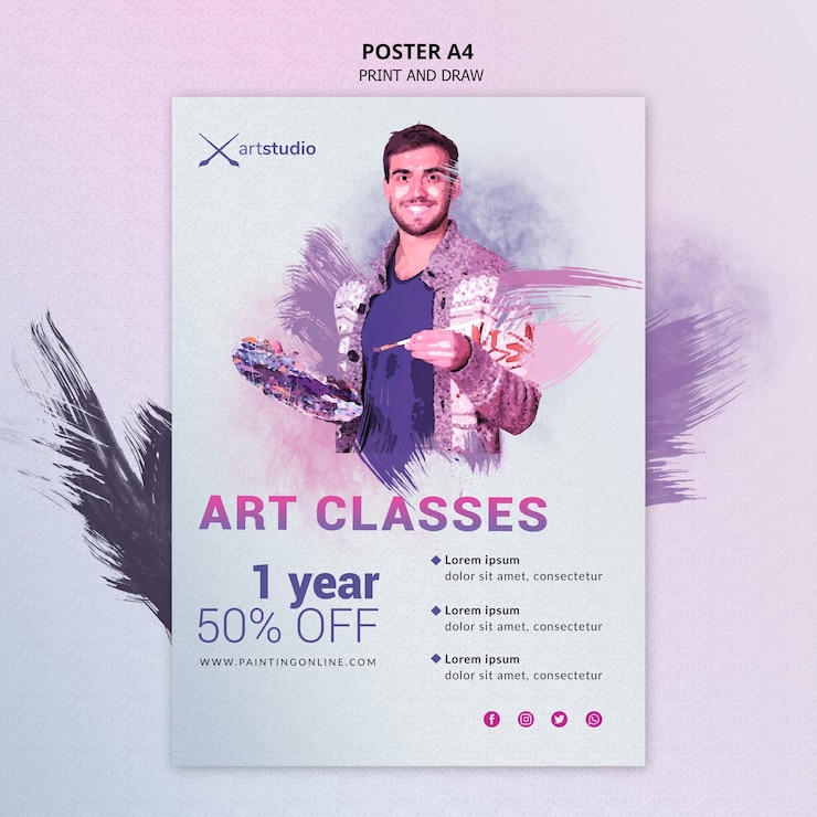 PSD grátis cartaz de estúdio de arte de pintura de aulas on-line