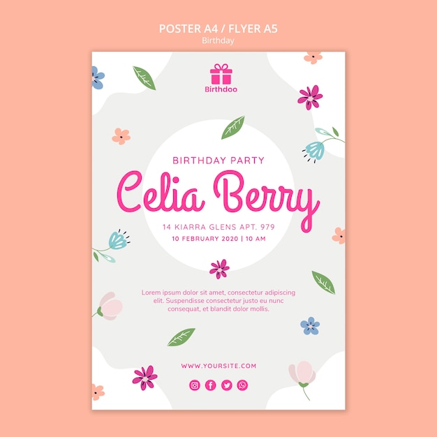 PSD grátis cartaz de festa de aniversário com folhas e flores