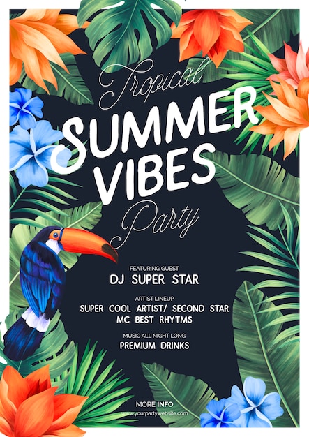 Cartaz de festa de vibrações de verão tropical com natureza exótica