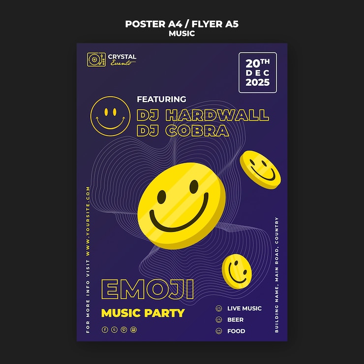 PSD grátis cartaz de festa musical emoji e design de modelo de folheto