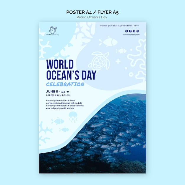 PSD grátis cartaz de modelo do dia mundial do oceano