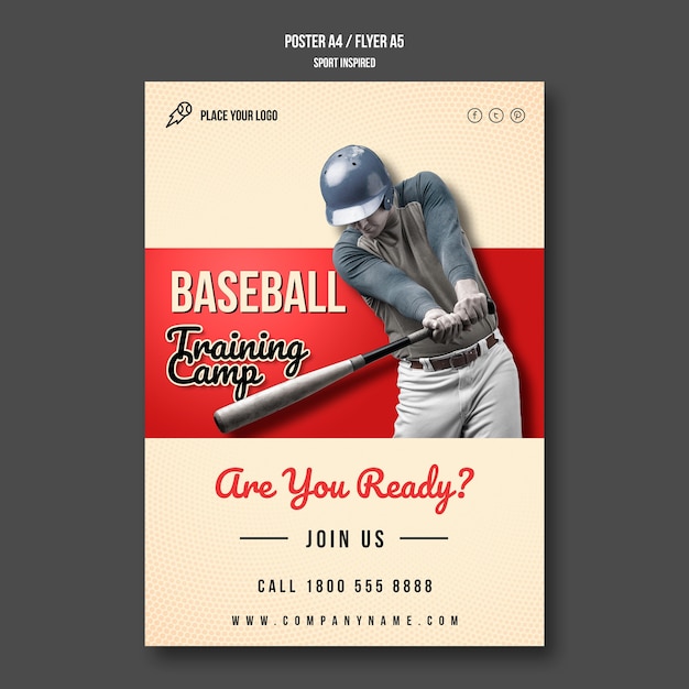 PSD grátis cartaz do acampamento de treinamento de beisebol