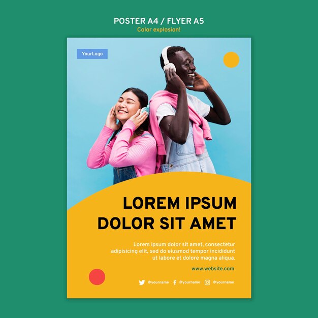 Cartaz vertical com homem e mulher ouvindo música em fones de ouvido