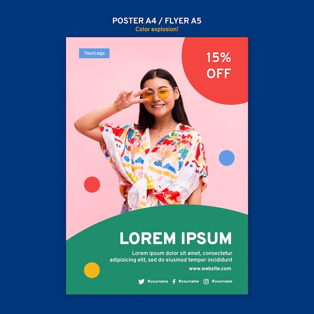 PSD grátis cartaz vertical com mulher usando óculos escuros