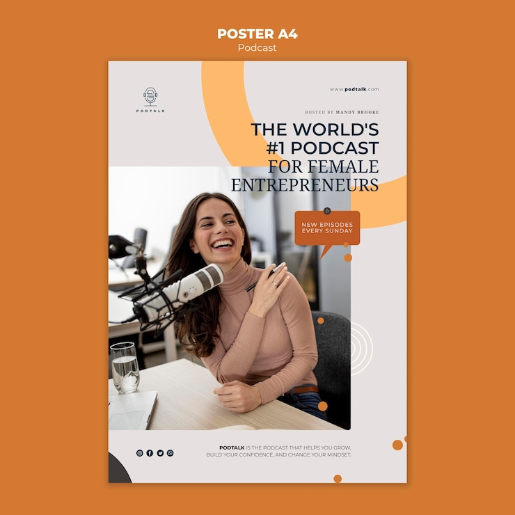 PSD grátis cartaz vertical com podcaster feminino e microfone