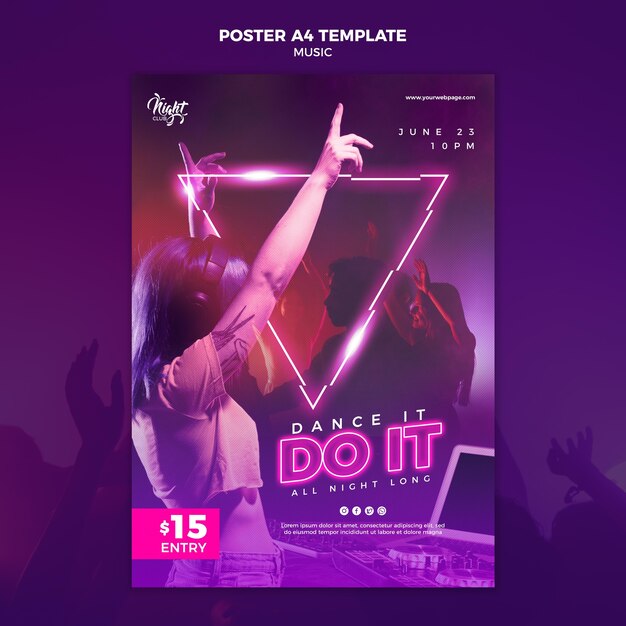 Cartaz vertical de néon para música eletrônica com DJ feminina