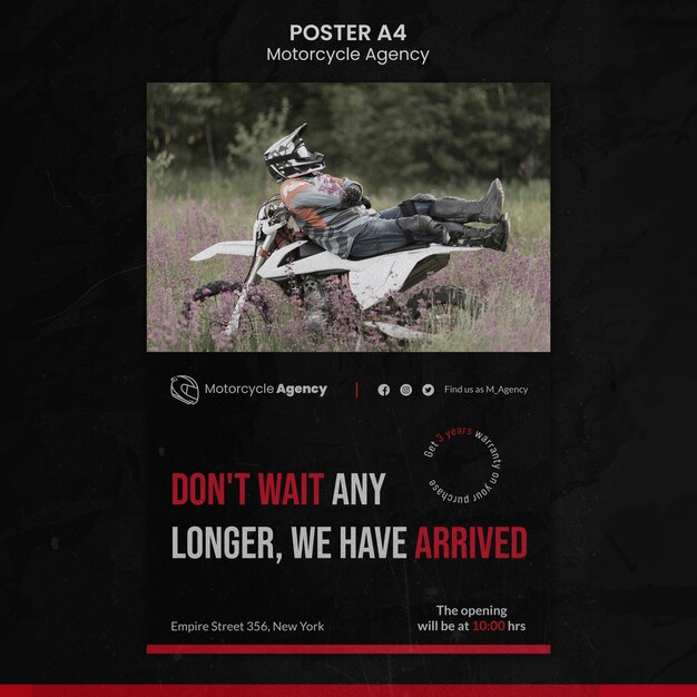 Cartaz vertical para agência de motocicletas com piloto masculino