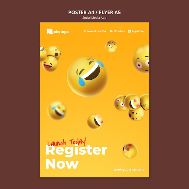 Cartaz vertical para aplicativo de bate-papo de mídia social com emojis