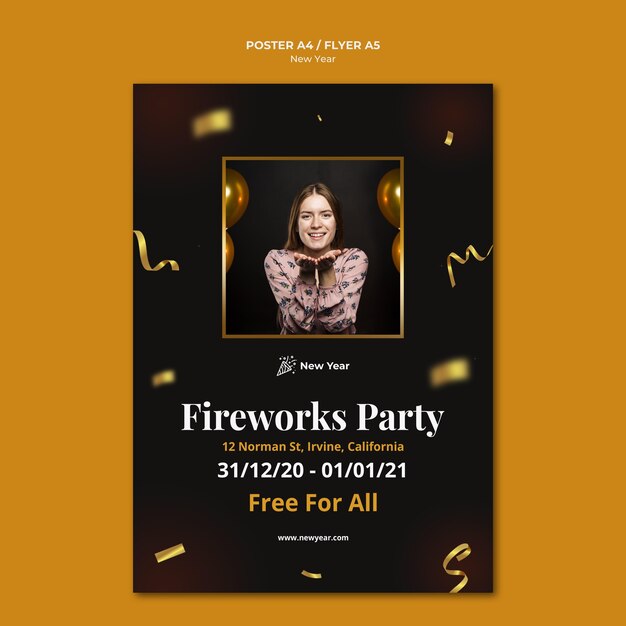 Cartaz vertical para festa de ano novo com mulher e confete