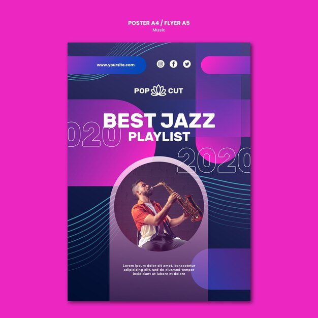 Cartaz vertical para música com jazzista e saxofone