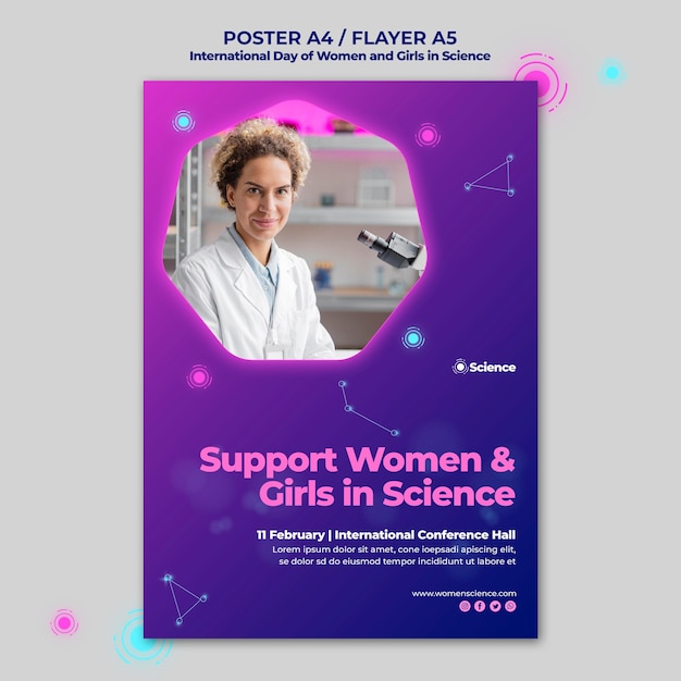 PSD grátis cartaz vertical para o dia internacional de mulheres e meninas na celebração da ciência com uma cientista