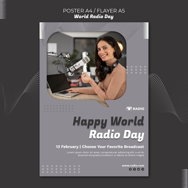 Cartaz vertical para o dia mundial do rádio com apresentadora feminina