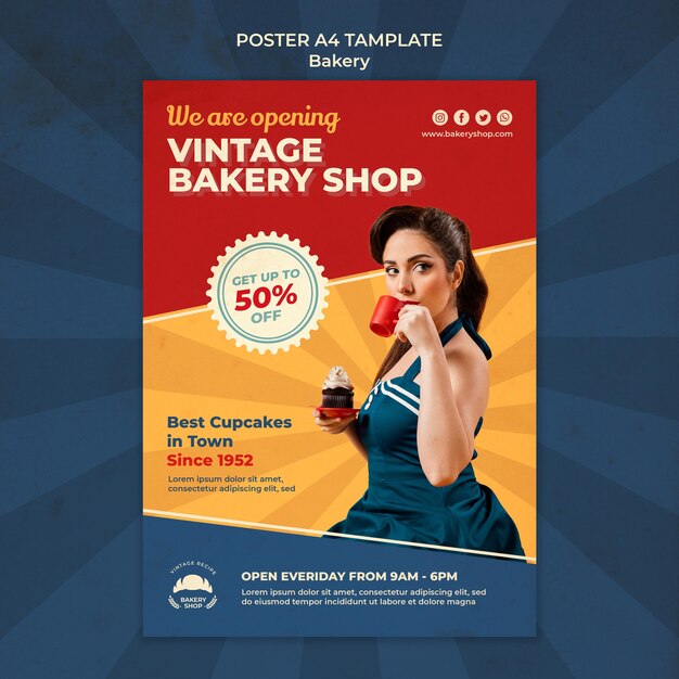 PSD grátis cartaz vertical para padaria vintage com mulher