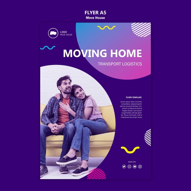 Casal se movendo em um novo modelo de panfleto em casa