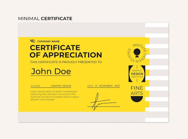 PSD grátis certificado amarelo mínimo com logotipos