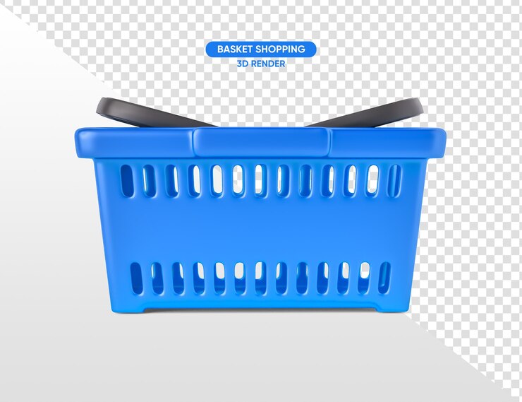 Cesta de supermercado azul 3d renderização realista em fundo transparente