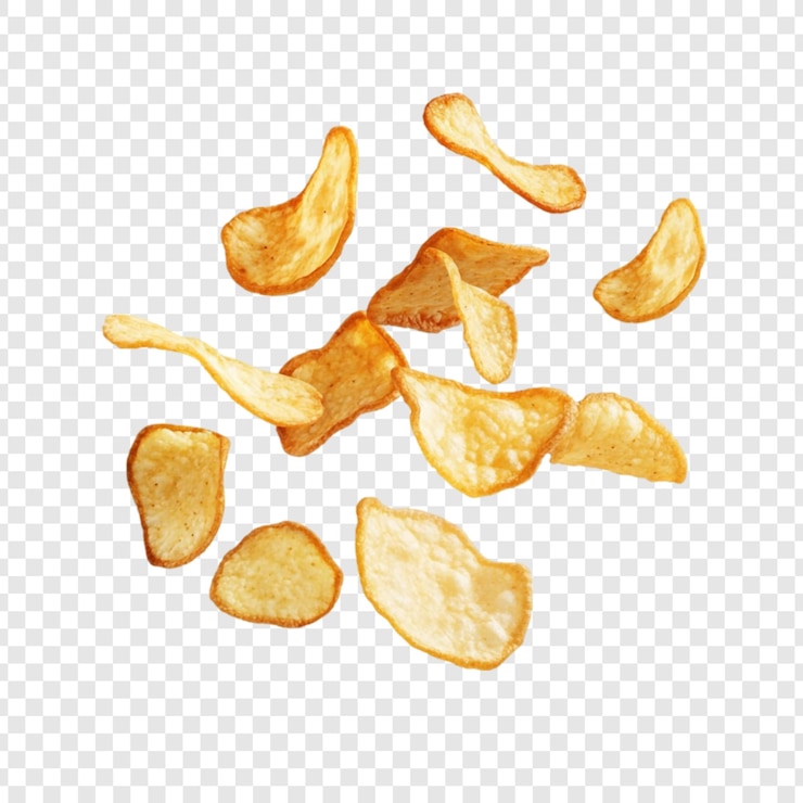PSD grátis chips de batata frita voando no ar um lanche delicioso