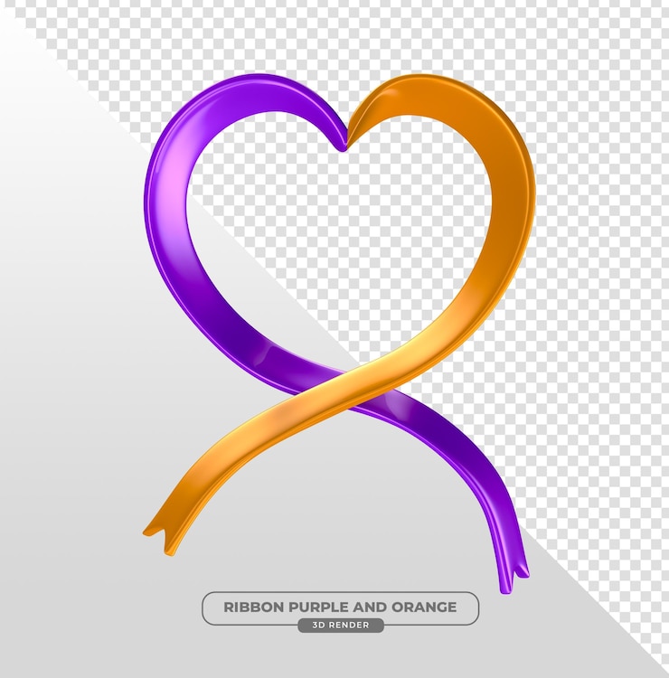 PSD grátis cinta em forma de coração de campanha de fevereiro roxo e laranja em renderização 3d com fundo transparente