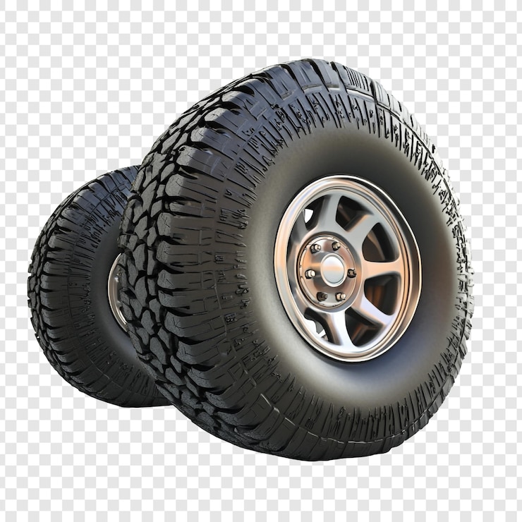 PSD grátis close-up de dois pneus allterrain com jantes prateadas mostrando seu padrão de banda de rodagem robusta e design robusto perfeito para aventuras off-road