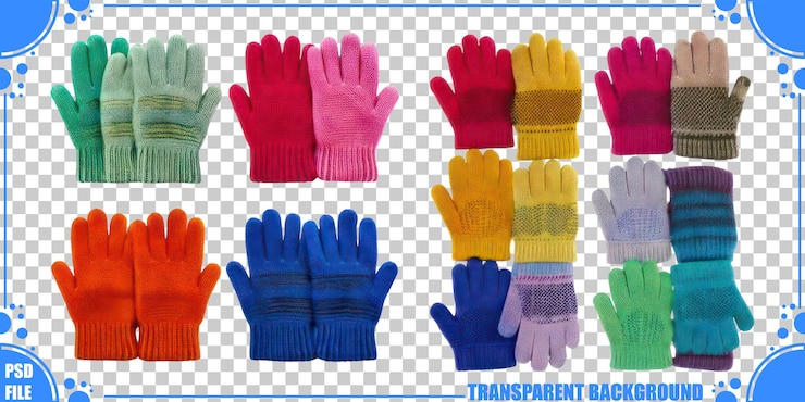 PSD grátis coleção colorida de luvas de inverno em fundo transparente