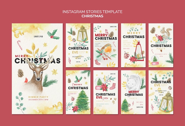 Coleção de histórias de instagram de natal em aquarela