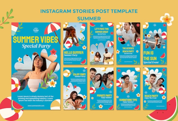 Coleção de histórias de verão do instagram com bola de praia e melancia