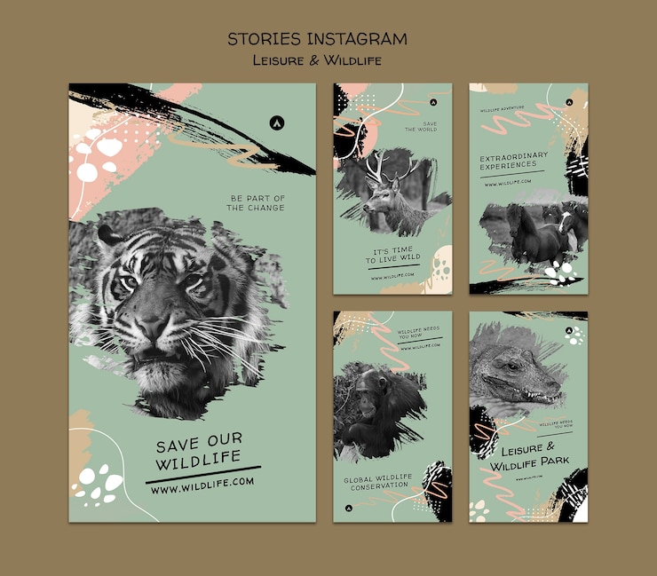 PSD grátis coleção de histórias do instagram de preservação e proteção da vida selvagem com pinceladas abstratas