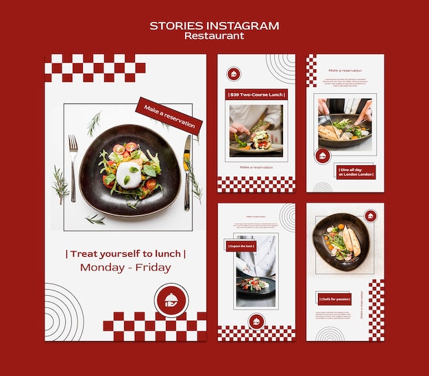 Coleção de histórias do instagram de restaurante com comida