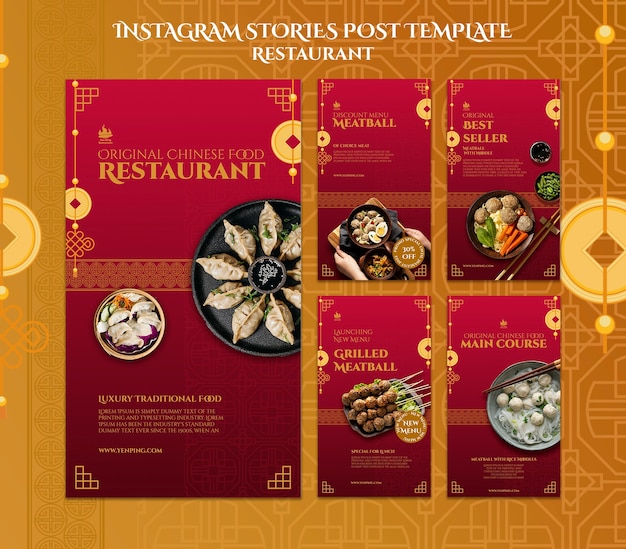 Coleção de histórias do instagram de restaurante com moedas da sorte asiáticas