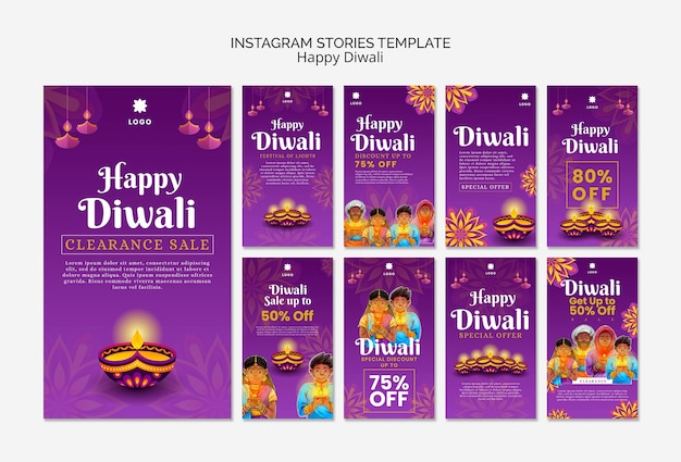 PSD grátis coleção de histórias do instagram diwali com design de mandala