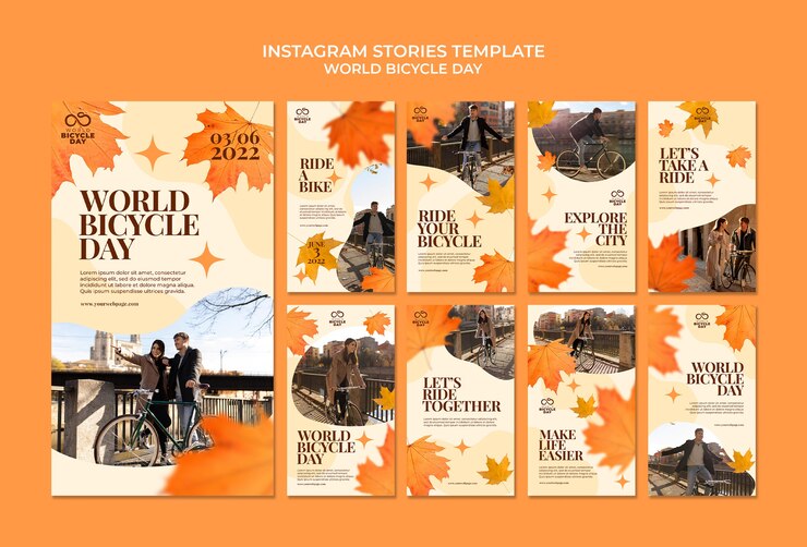 PSD grátis coleção de histórias do instagram do dia mundial da bicicleta