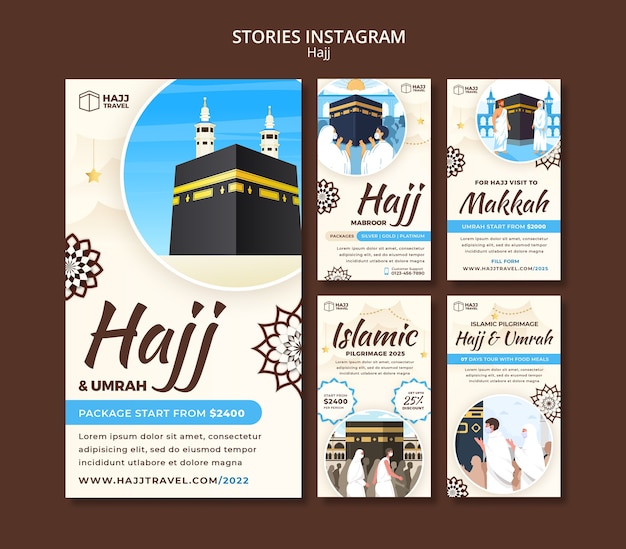 PSD grátis coleção de histórias do instagram hajj com meca e pessoas rezando