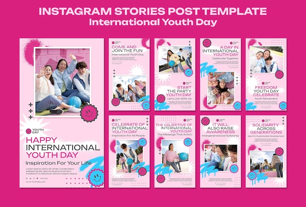 PSD grátis coleção de histórias do instagram para celebração do dia internacional da juventude