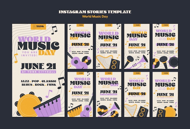 PSD grátis coleção de histórias do instagram para celebração do dia mundial da música
