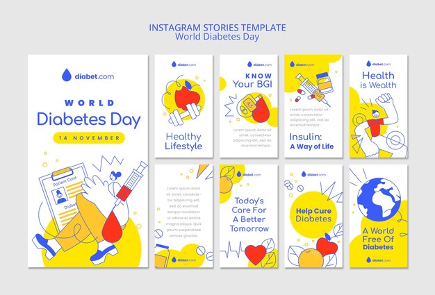 PSD grátis coleção de histórias do instagram para celebração do dia mundial do diabetes
