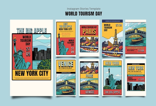 Coleção de histórias do instagram para celebração do dia mundial do turismo