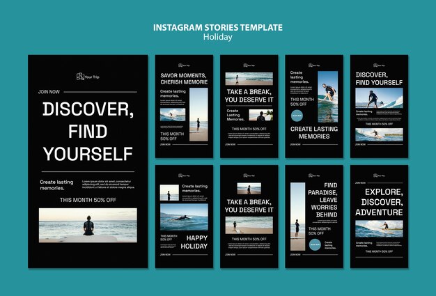 Coleção de histórias do instagram para férias de surf