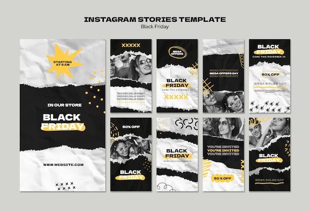 PSD grátis coleção de histórias do instagram para vendas na sexta-feira negra com textura de papel rasgado