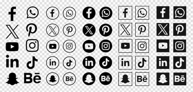 Coleção de logotipos de mídias sociais pretas em um fundo transparente