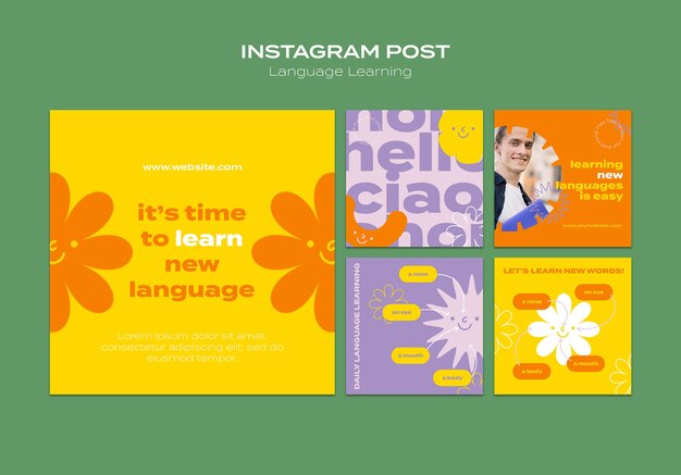 Coleção de postagens do instagram de aulas de aprendizado de idiomas